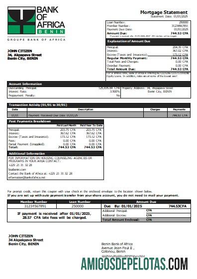 Declaração de hipoteca bancária do Benin Bank Of Africa exemplo real